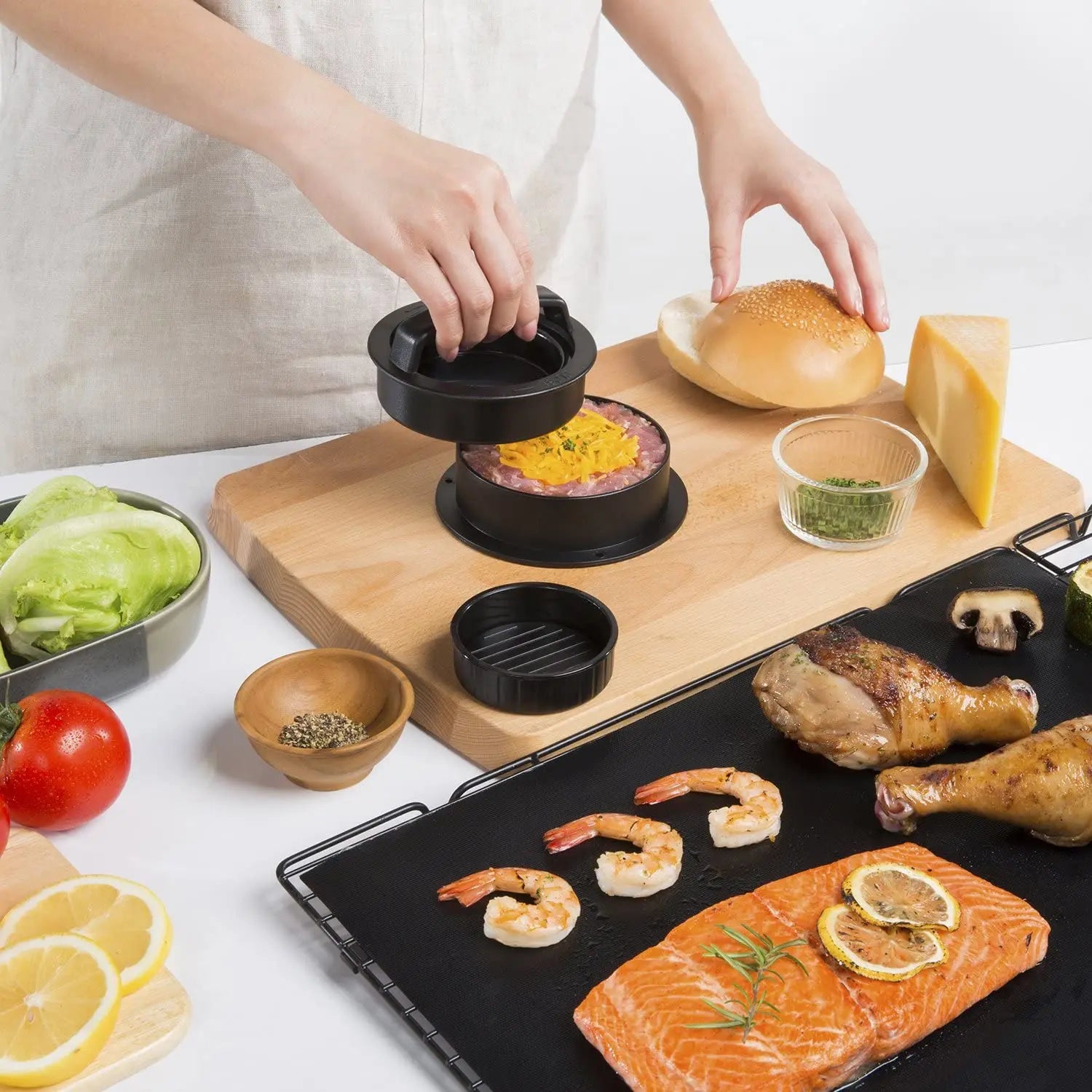 Non-Stick 3-in-1 Stuffed Burger Mould for Hamburgers, Sliders, 50 Wax Patty Papers Pattan Australia